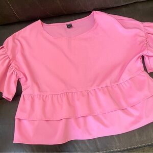 SHEIN Pink Puff Sleeve Ruffled Blouse